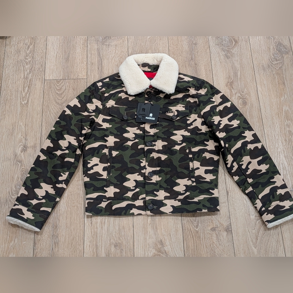 $890 Mens MACKAGE "Nash" Logo Camo Trucker Jacket 38 - Small
